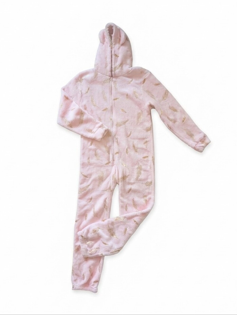 Kids Pink Hooded Ears One-Piece Pajamas with Gold Feather Print